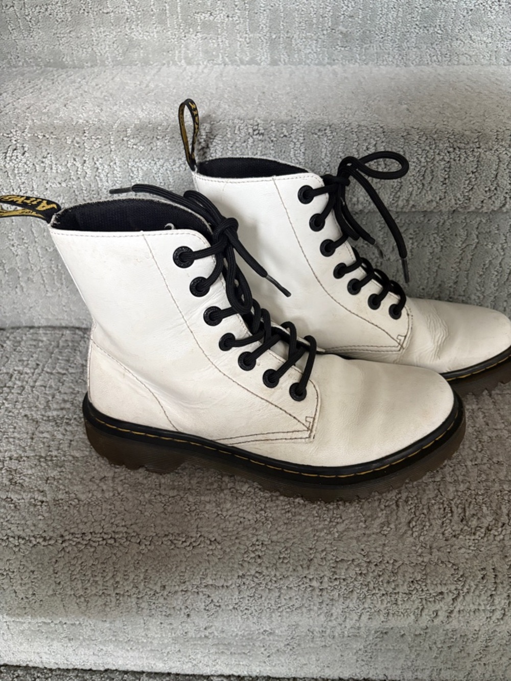 Dr. Martens White Leather Lace-Up Combat Boots with Black Laces
